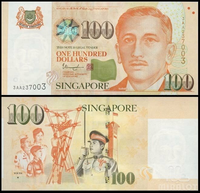 Hình ảnh 2 mặt của tờ 100 đô Singapore