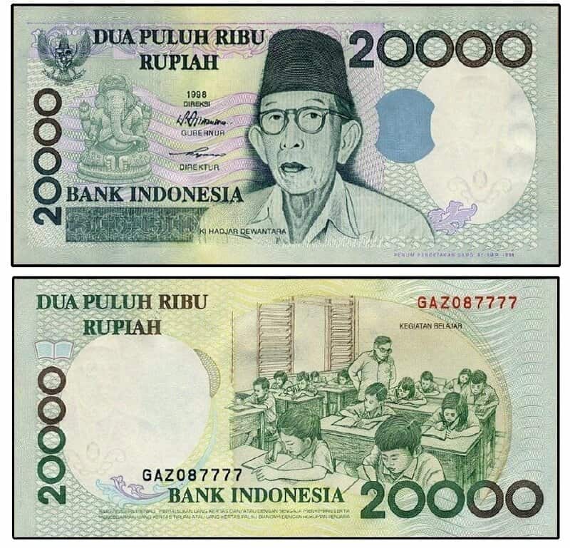 Hình ảnh 2 mặt của tờ 20000 Rp Indonesia
