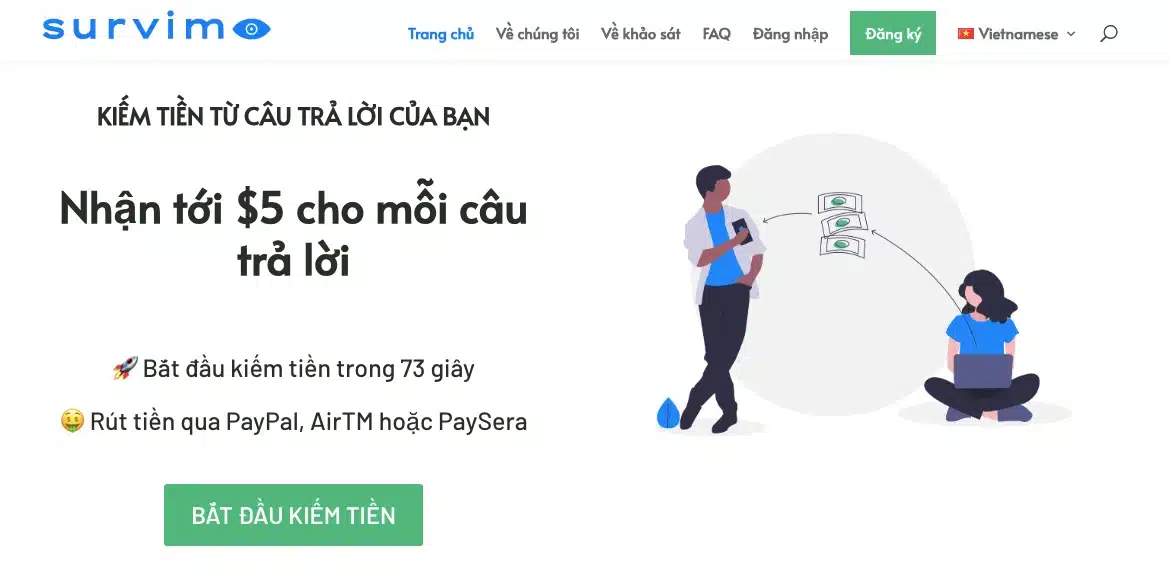 Survimo - kiếm tiền 5$ cho mỗi câu trả lời