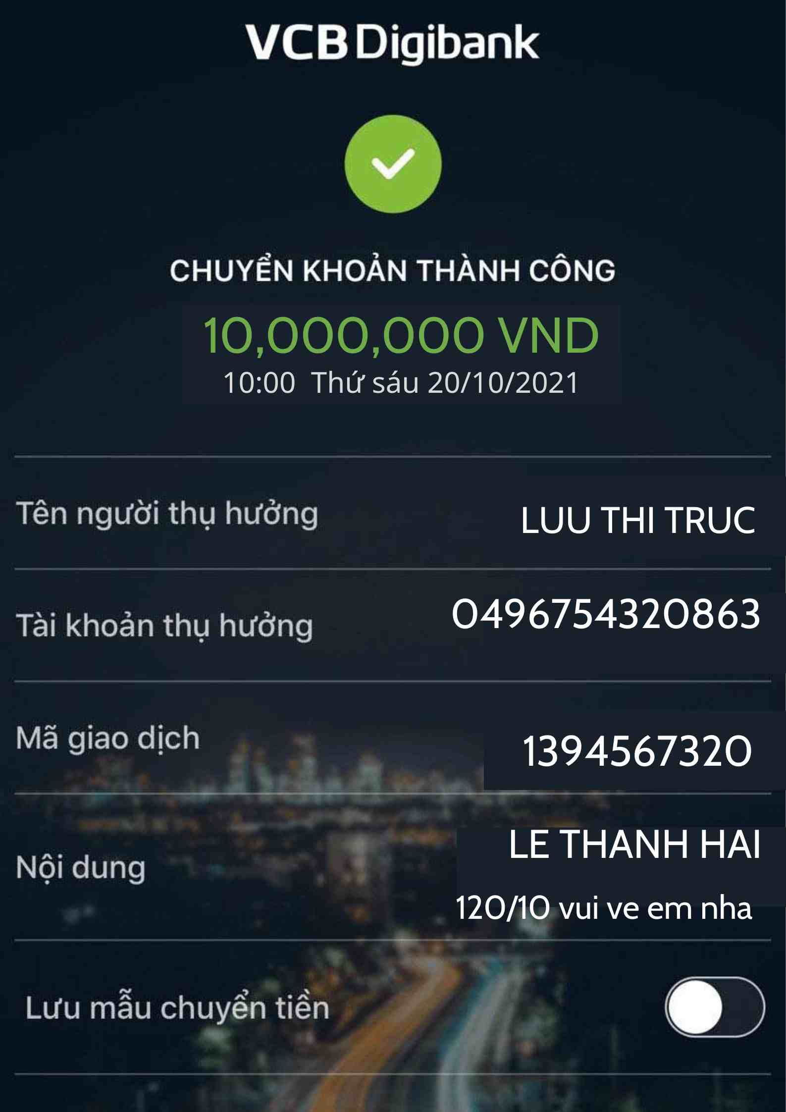 Chuyển Tiền Vietcombank Thành Công ngày 20-10