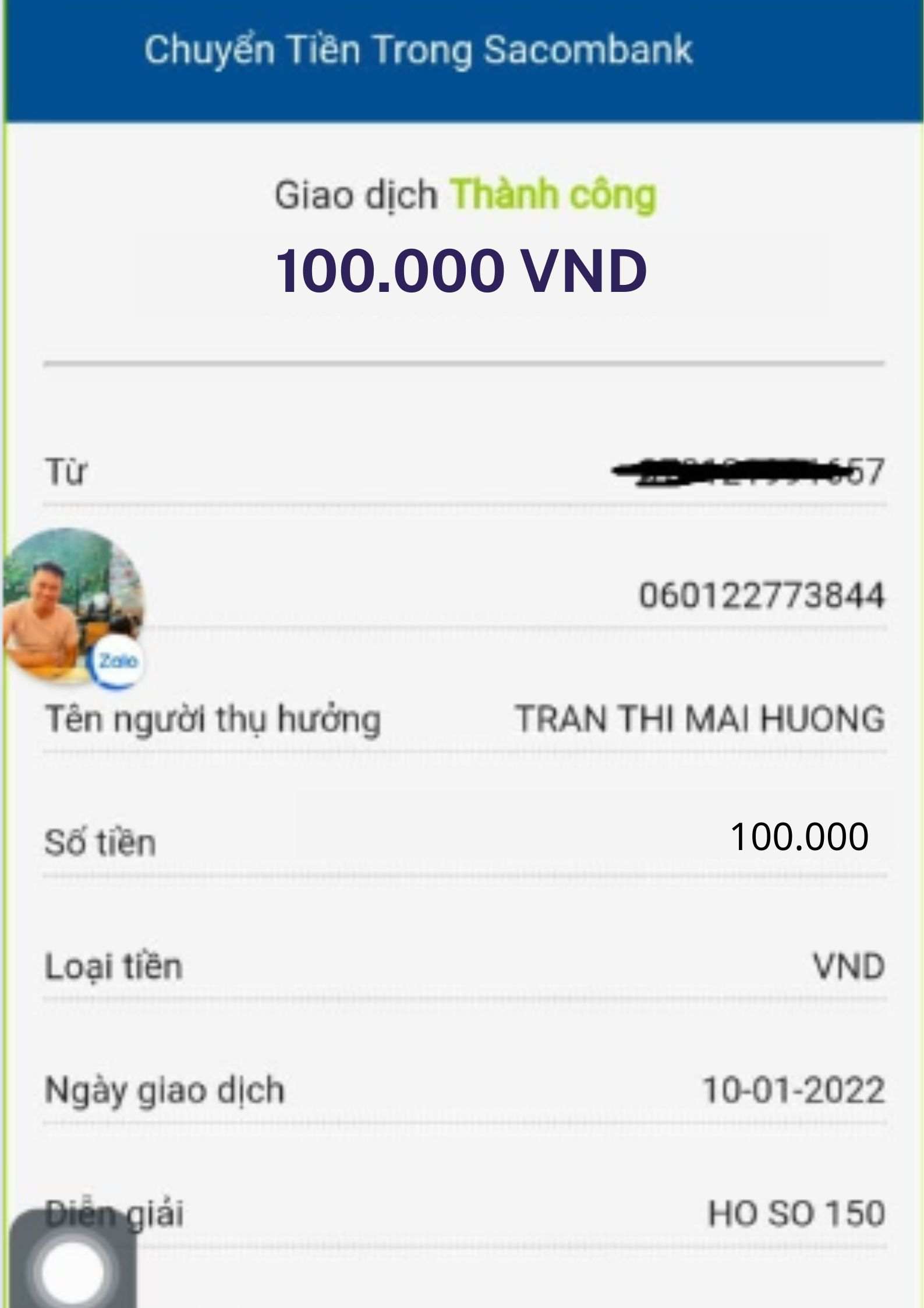 Hình Ảnh Chuyển Tiền Thành Công 100k Sacombank