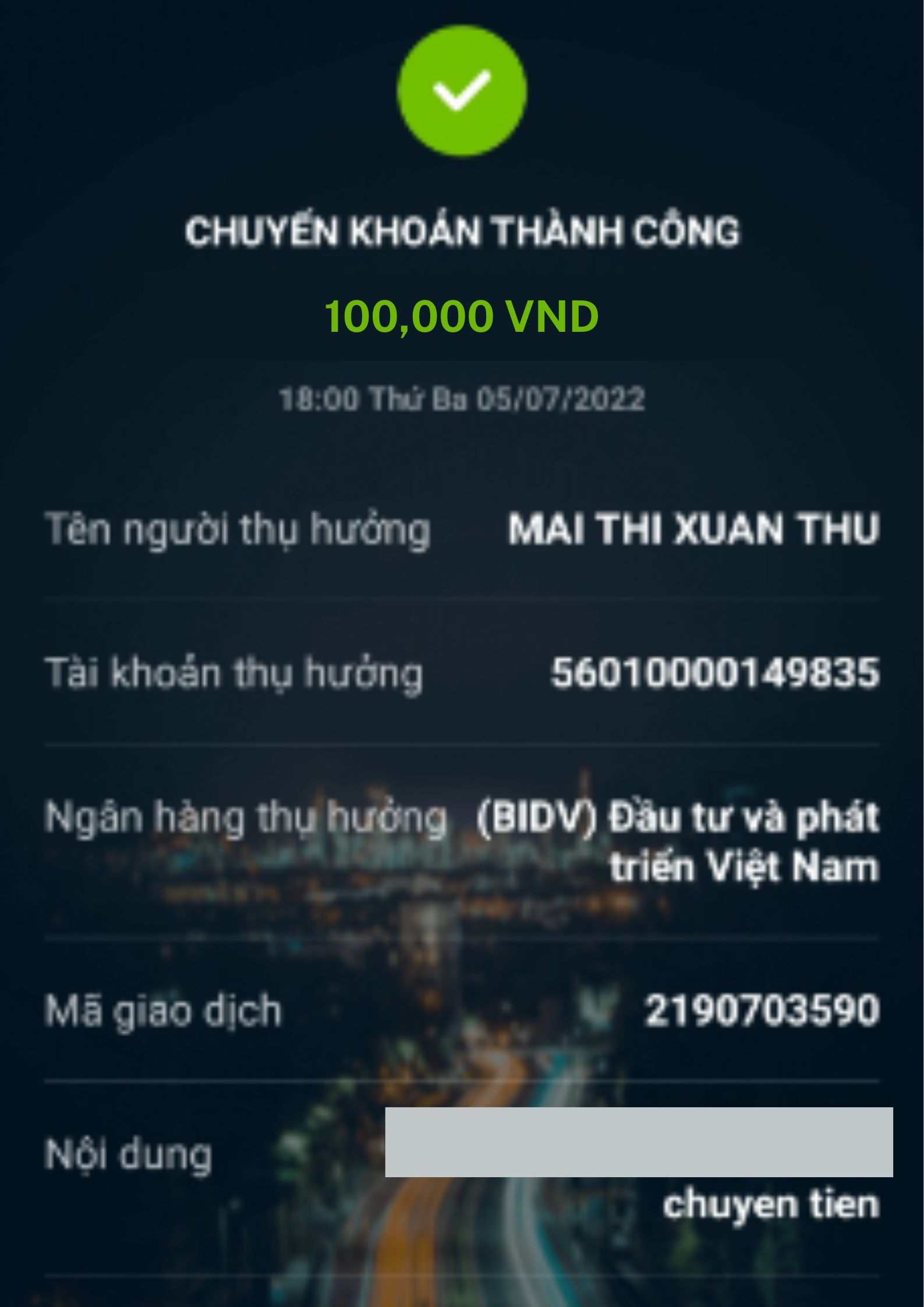 Hình Ảnh Chuyển Tiền Thành Công 100k VCB