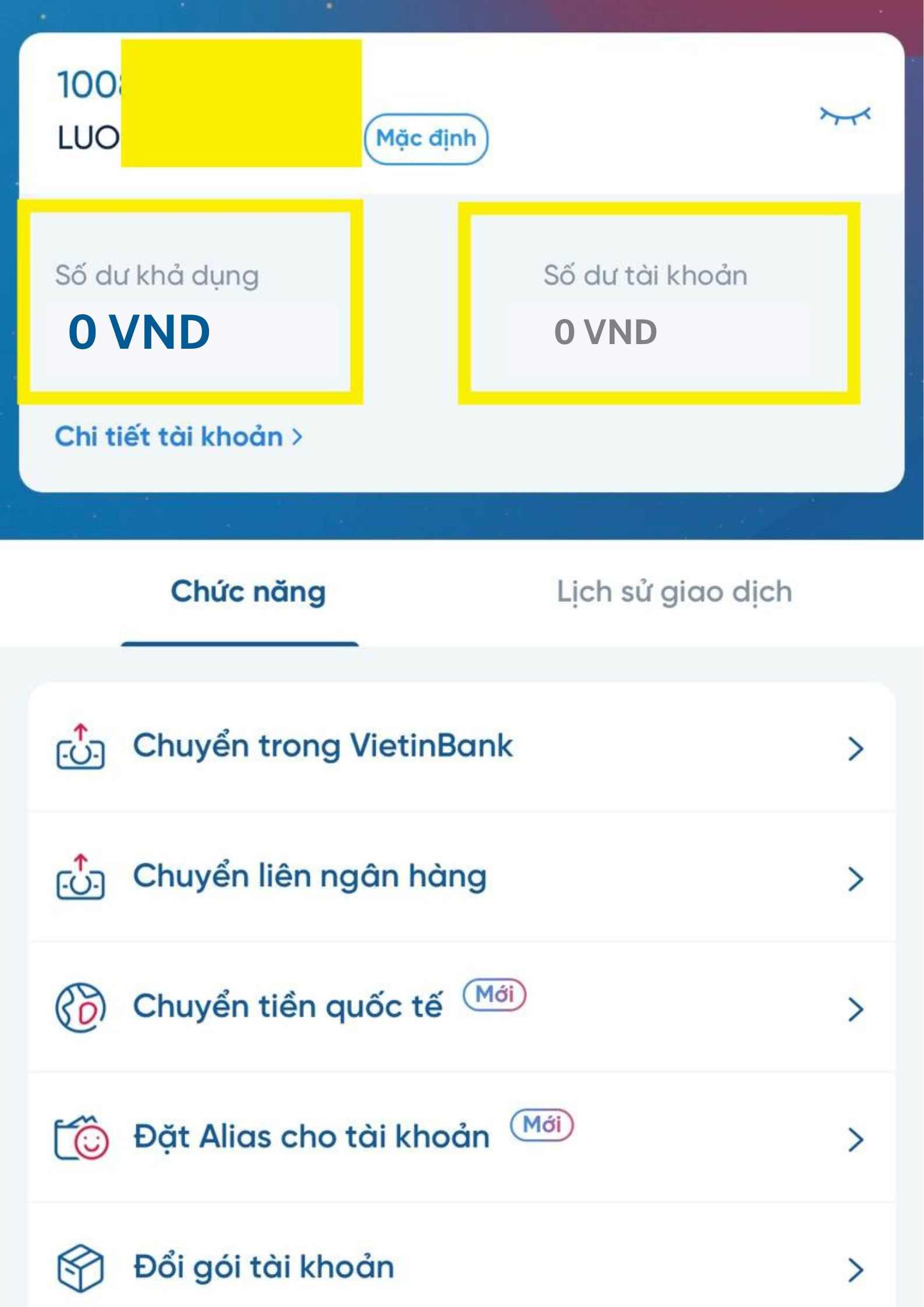 Hình Số Dư Tài Khoản 0 Đồng Vietinbank