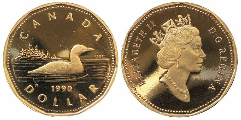 Hình ảnh tiền xu 1 đô Canada năm 1990