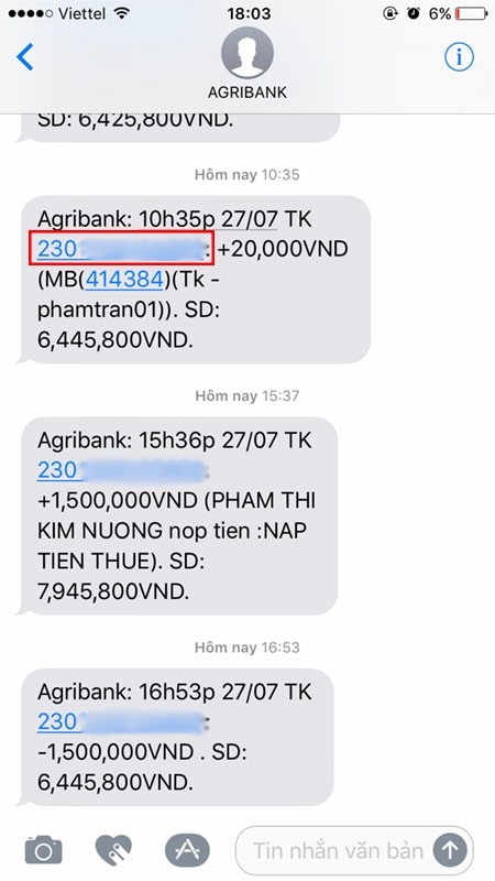Số dư TK Agribank 6,4tr hiển thị qua sms