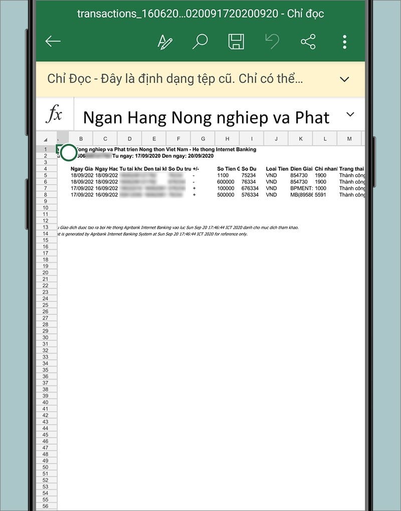 Xem lịch sử giao dịch trong Excel