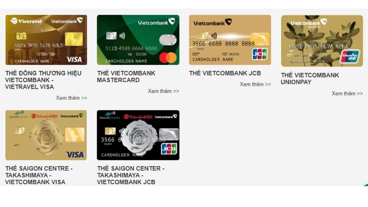 Các loại thẻ tín dụng VCB phổ biến