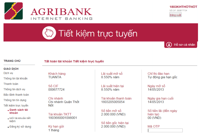 Cách tất toán tài khoản gửi tiết kiệm online Agribank