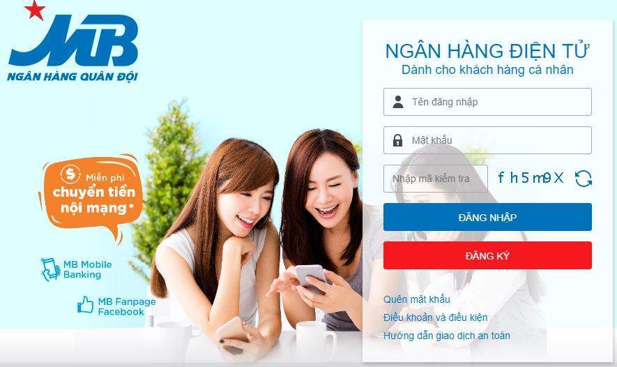 Giao diện đăng nhập Internet Banking MB