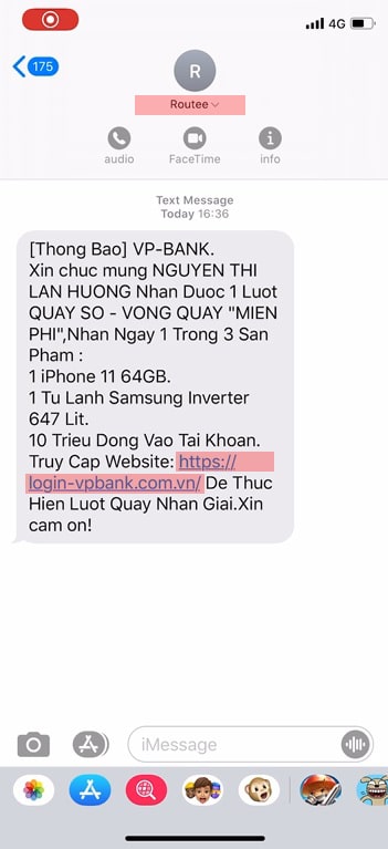 Kẻ gian gửi SMS giả mạo VPBank thông báo trúng thưởng